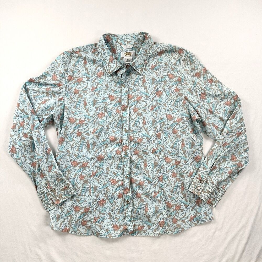 Talbots Shirt Womens XL Green Floral Leaf Button Up Long Sleeve Top Cottage